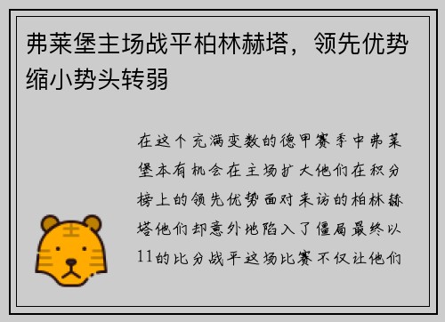弗莱堡主场战平柏林赫塔，领先优势缩小势头转弱