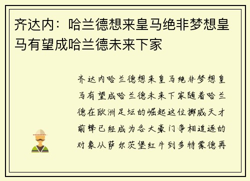 齐达内：哈兰德想来皇马绝非梦想皇马有望成哈兰德未来下家